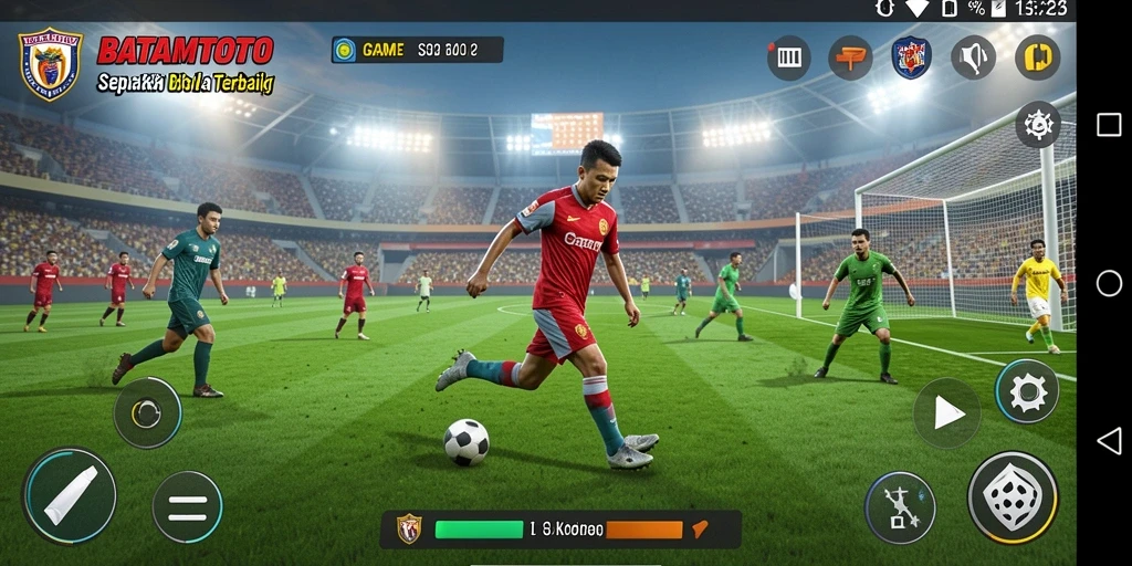 Screenshot gameplay BATAMTOTO menampilkan aksi mendebarkan di lapangan sepak bola.