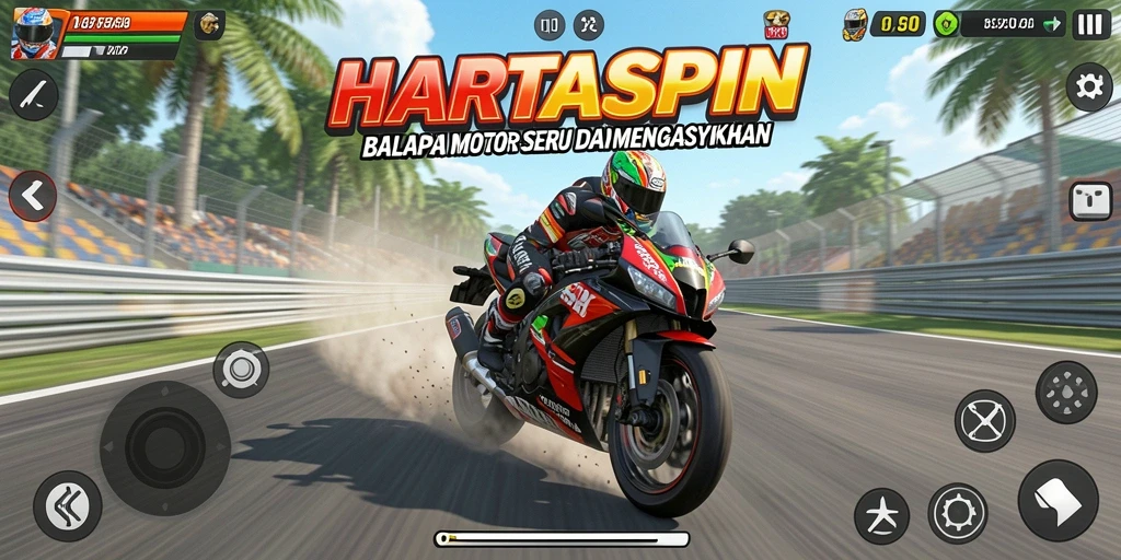 Tampilan gameplay balapan motor yang seru di HARTASPIN.