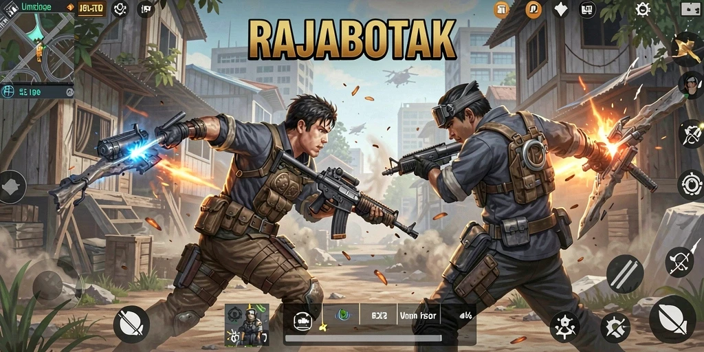 Tangkapan layar RAJABOTAK menampilkan aksi seru di arena Battle Royale.